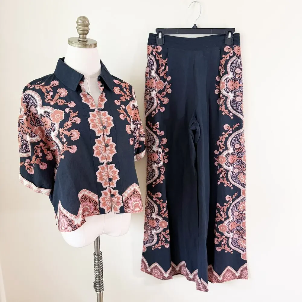 Cleobella Black/Tan Short Sleeve Top & Wide Leg Pants Coordinating Set XS/Small - Picture 2 of 12